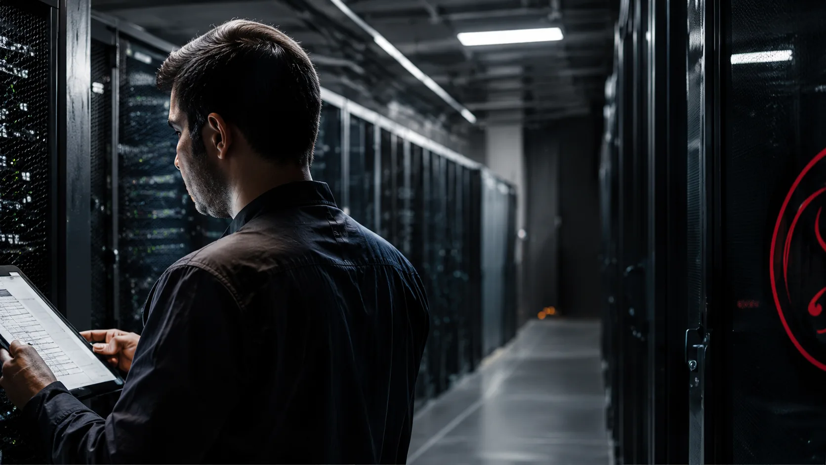 Technician inspecting data center equipment